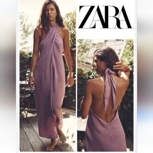 nwt XS ZARA 100% LINEN adjustable wrap Halter midi Dress 4786/326